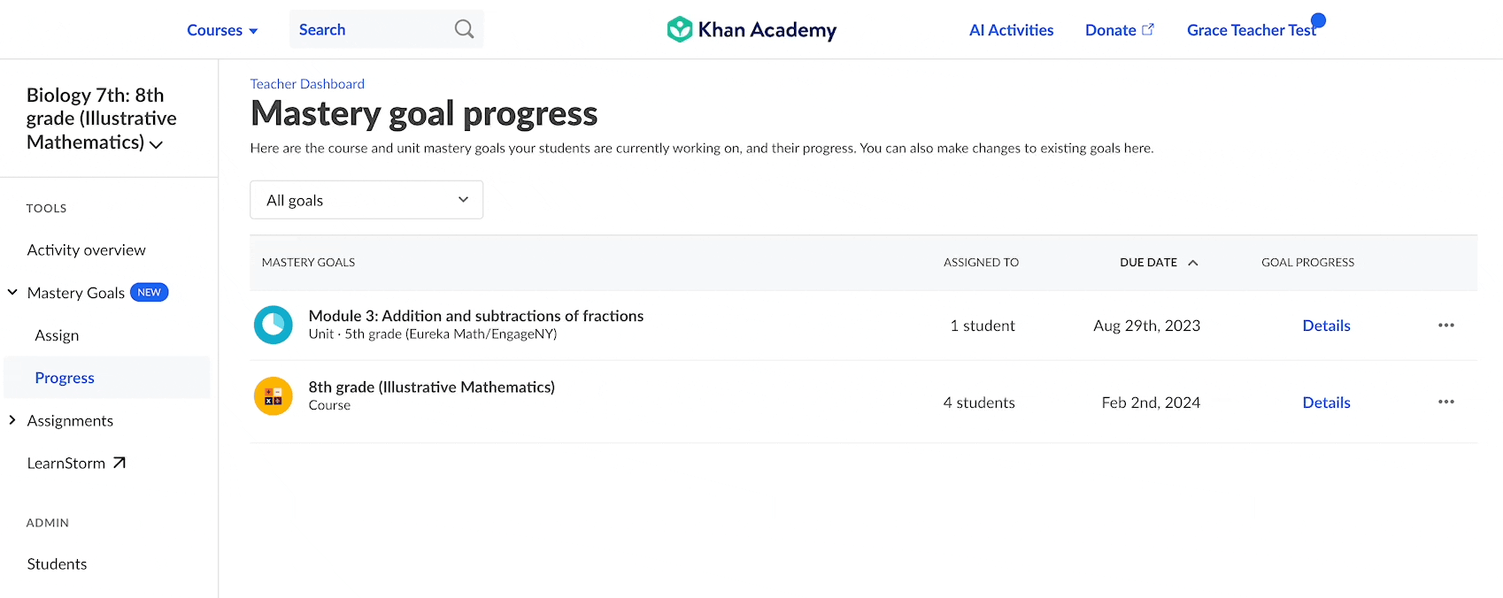 How do I edit or delete my students' Course or Unit Mastery goals