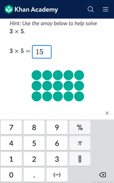 screenshot of a mobile khan academy math exercise. focus is on an input and the math keypad is open