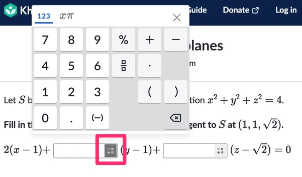 screenshot of a khan academy math exercise with a red box around the button that opens the math keypad