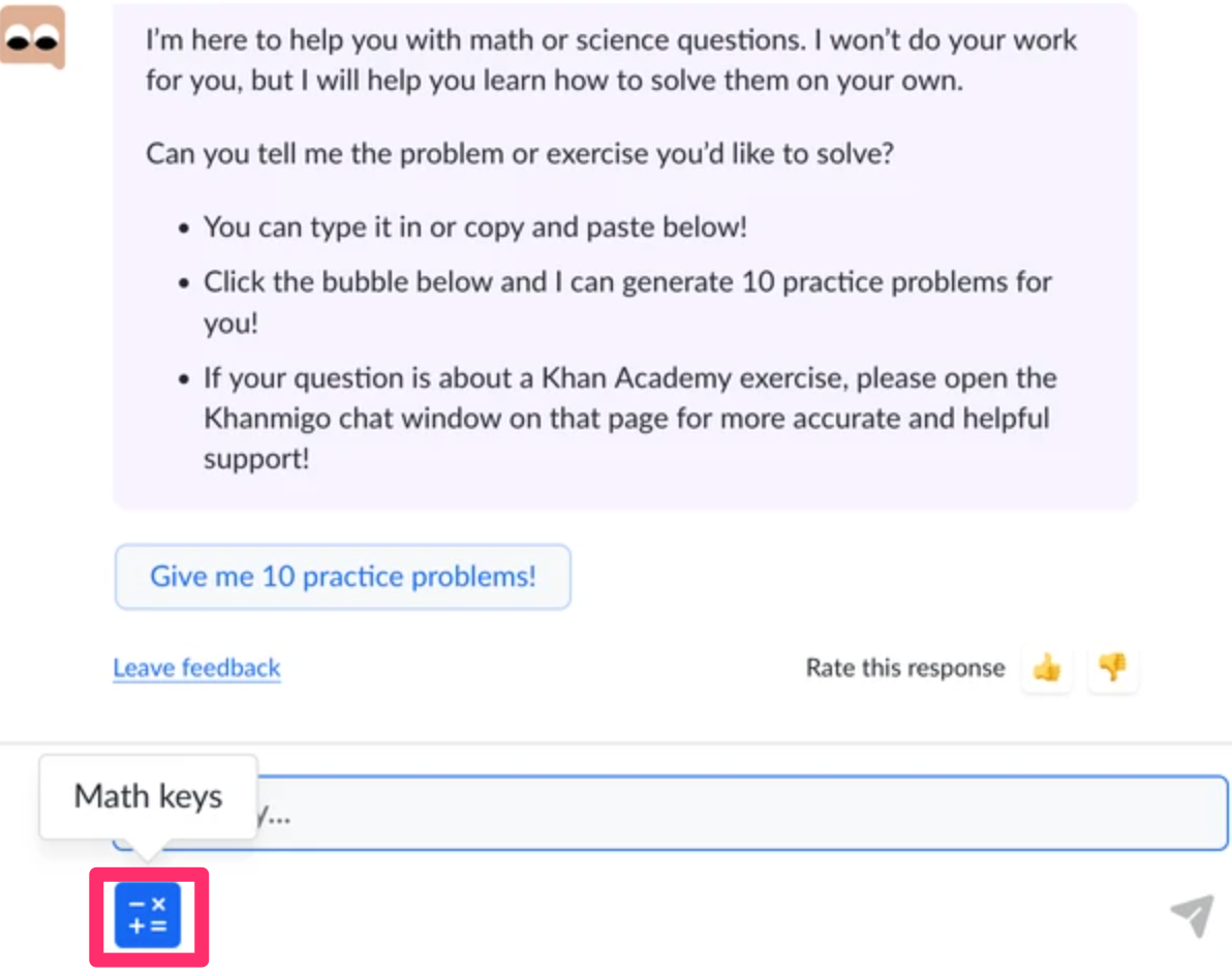 Screenshot of a chat with Khanmigo with a red box around the bottom underneath the text input that opens the math keypad