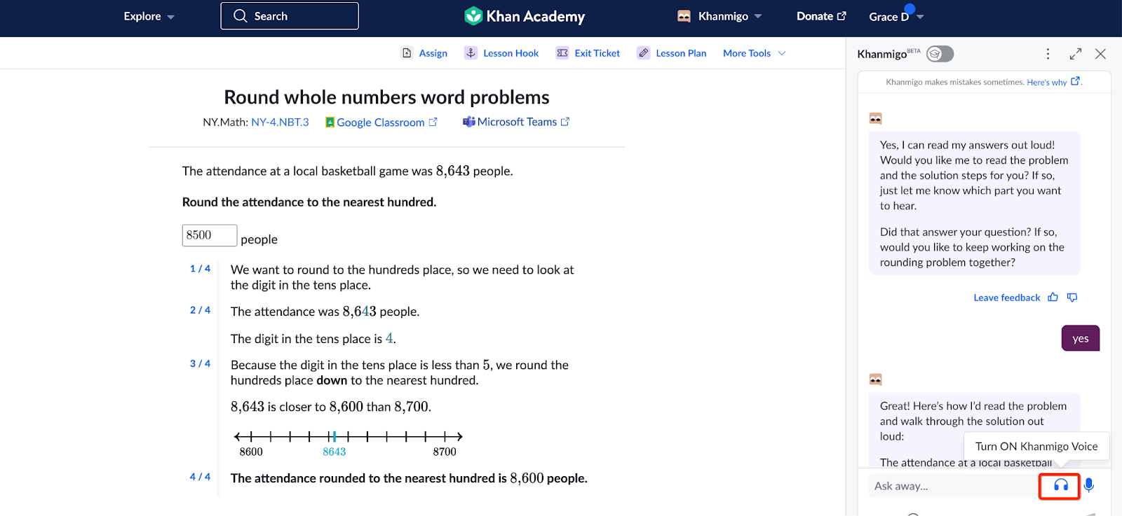 Screenshot showing the Khanmigo chat box open on a Khan Academy exercise, highlighting the headphones icon in the bottom right of the screen. 