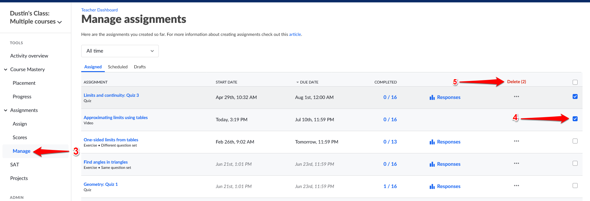 delete assignments on khan academy