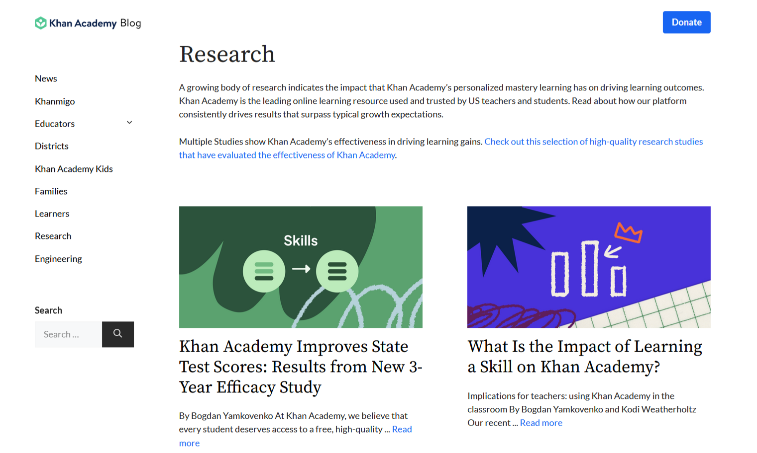 Preview image of the Research Section of the Khan Academy Blog 