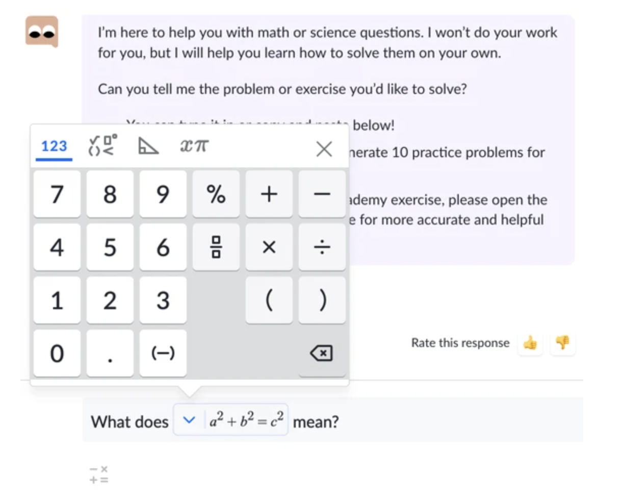 Screenshot of a chat with Khanmigo. Focus in on an input and the math keypad is open