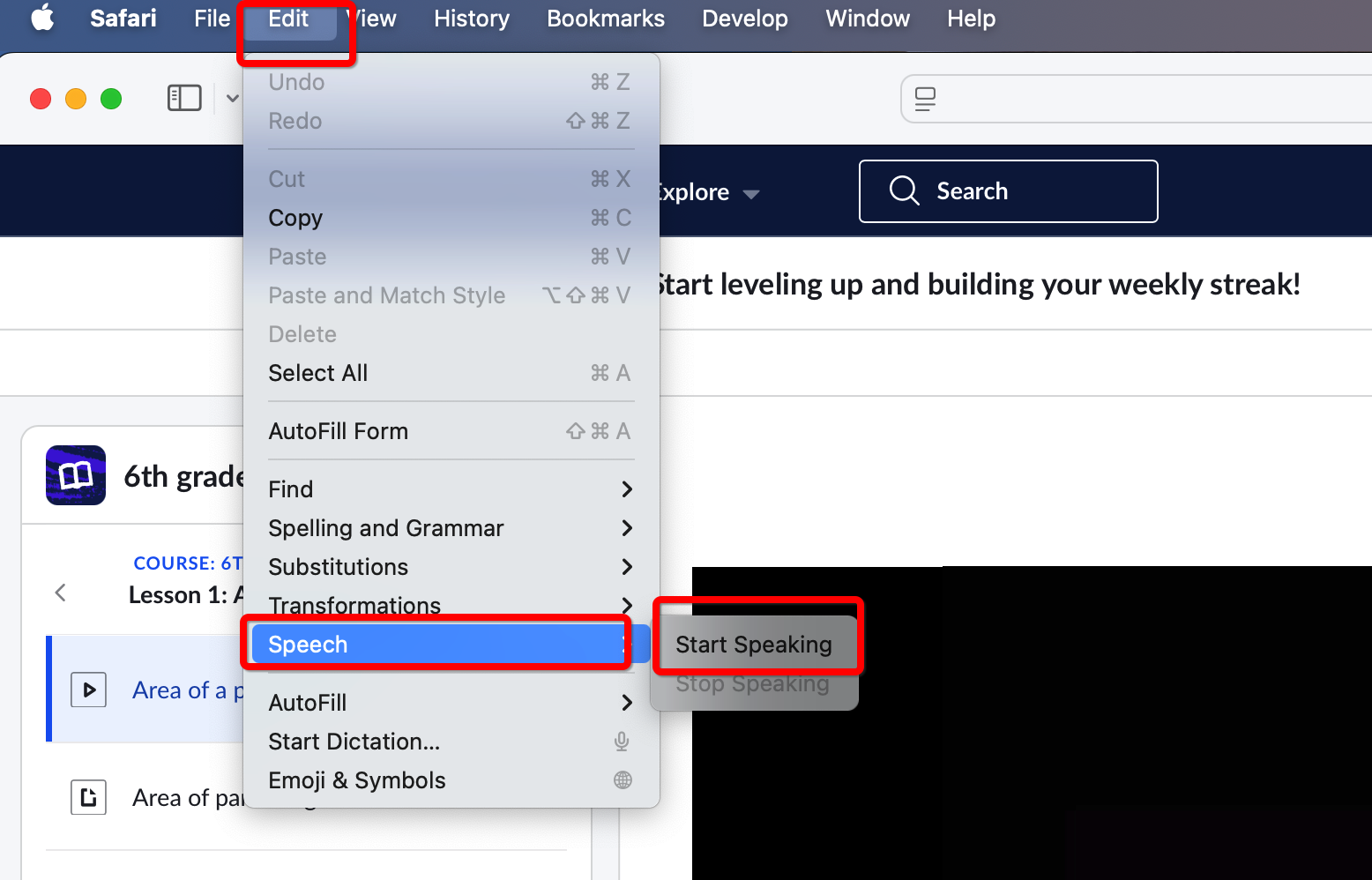 Screenshot of the steps to follow on the Safari browser to activate the read-aloud feature.