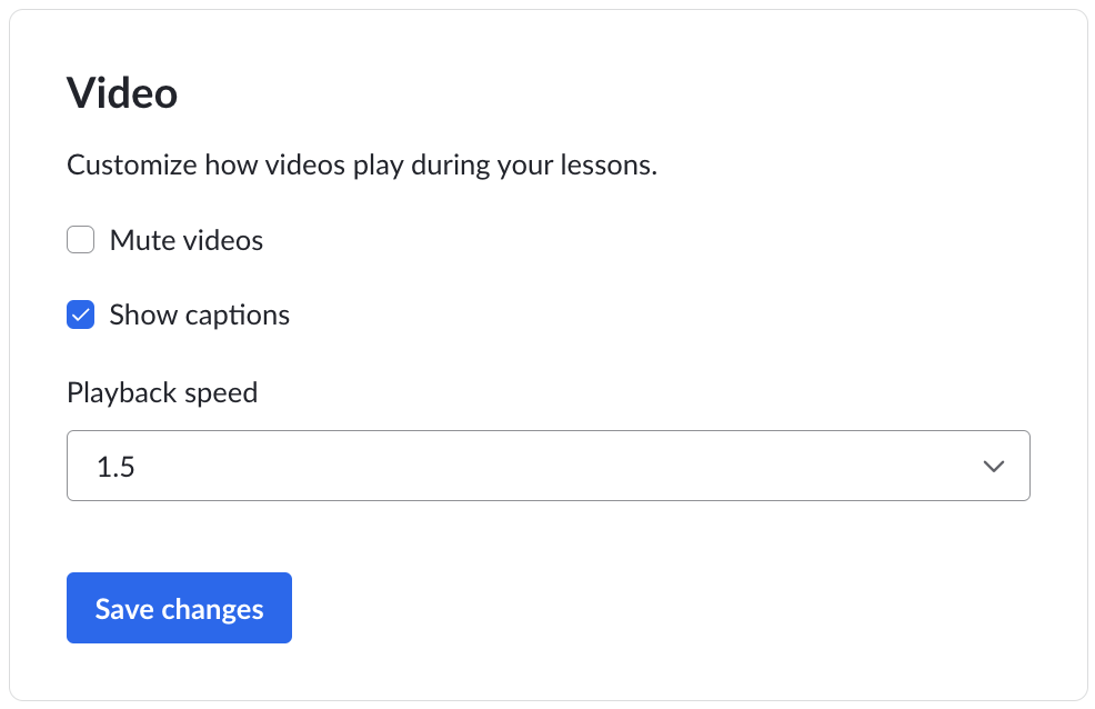 Video settings with 'Show captions' selected and playback speed set to 1.5.