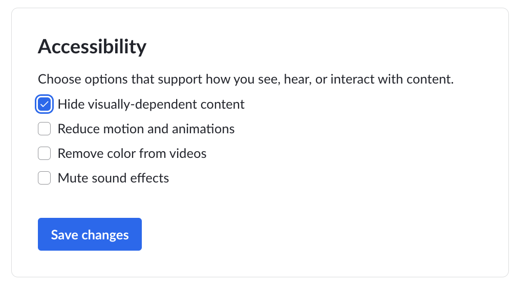 Khan Academy accessibility settings with `Hide visually-dependent content` checked.