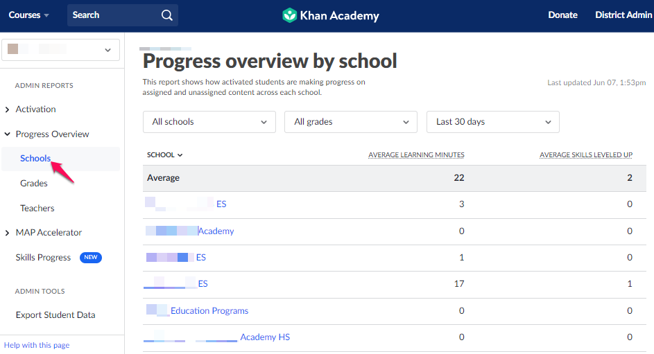 How do I use my MAP Accelerator Progress overview by school report 